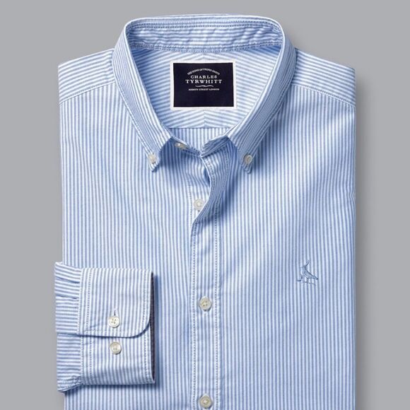 Charles Tyrwhitt Button Collar Stretch Oxford Stripe Ocean Blue L NWT IN PKG - Picture 3 of 7